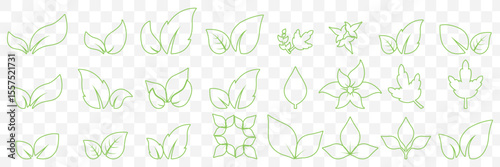 Flat Green Leaf Icon Set – Eco, Bio, Vegan Symbols for Nature and Organic Design in Editable Stroke on Transparent Background. EPS 10.