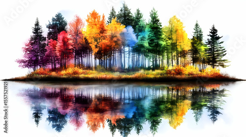 Rainbow forest island reflecting in calm lake, autumn