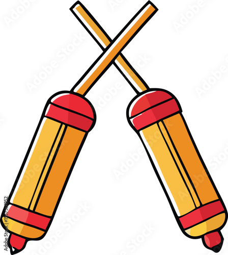 Two stylized yellow and orange pencils with red tips are crossed diagonally against a white background symbolizing education and creativity