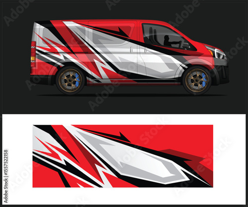 Red Van with Dynamic Racing Graphics and Sponsor Branding for Vehicle Wrap Design