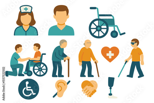 Icons representing healthcare for people with disabilities and nursing