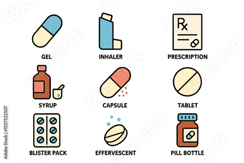 A set of outline vector icons is included, featuring items like Gel, Inhaler, Prescription, Syrup, and more