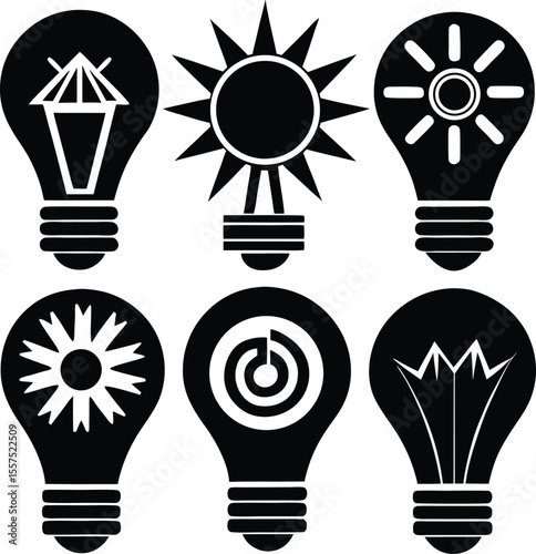 Collection of six stylized black light bulb icons each featuring a unique internal design representing different concepts and ideas