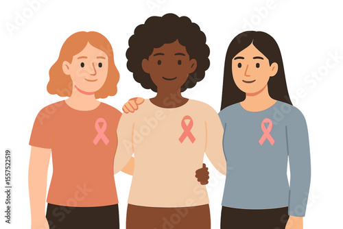Three females of various nationalities, each wearing a pink ribbon, stand united in solidarity