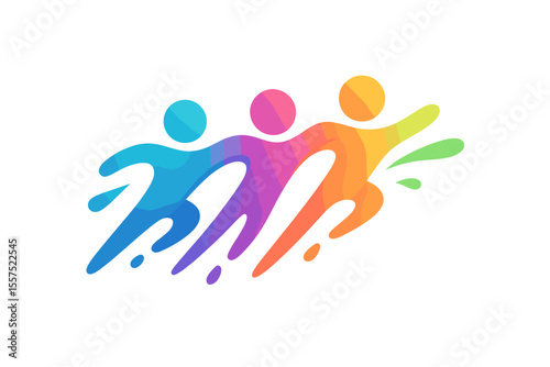 A logo featuring abstract playful people with a water splash or speedy effect in a variety of gradient colors