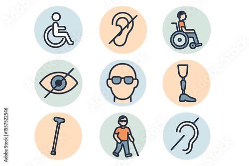 Medical icons and signs related to disability are isolated on a white background