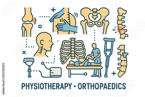 Vector illustration of physiotherapy and orthopaedics, featuring interconnected icons related to bone and skeletal anatomy, as well as physical therapy and chiropractic care