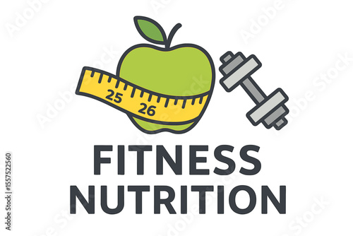 Template for sports nutrition logo, featuring a green apple, measure tape, and metal dumbbell in vector design, symbolizing fitness nutrition