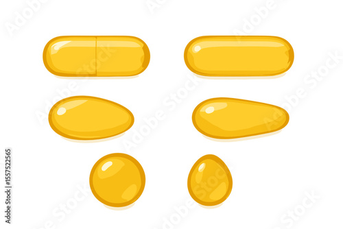 A collection of oil-filled capsules, gold-colored round and oval pills, are set against a transparent backdrop, representing cosmetics, vitamins, omega golden bubbles, antibiotic gel, serum