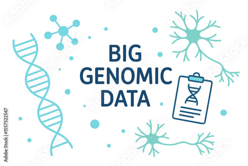 Large Scale Genomic Data Visualization, featuring DNA helix, DNA strand, and DNA testing, along with molecules, atoms, and neurons, forming an abstract structure suitable for science or medical
