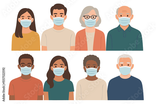 A set of cartoon illustrations featuring people of different ages and races wearing masks, depicted in a flat vector style, with young, middle-aged, and elderly men and women showing their upper