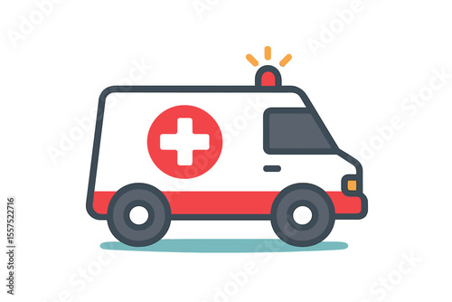 A cyan background features a colorful solid pattern, along with vector graphics of an ambulance flat icon, medicine, and healthcare transport sign in eps