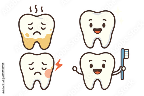The sentence describes teeth with plaque and shiny white tooth in relation to mouth hygiene and toothache, also featuring dental happy and sad vector characters in an illustration about dental