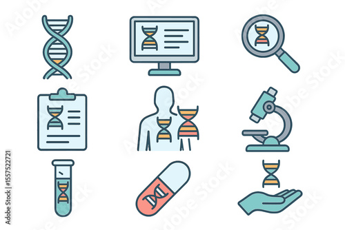 Human dna is represented through research technology symbols and spiral molecule medical bio tech vector icons