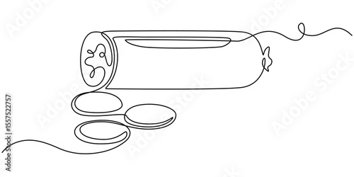 Boiled sausage continuous line drawing. One line art of meat products, sausage with fat, semi-finished product, Delicious salami one line continuous drawing. Semi-finished products Hand drawn one line