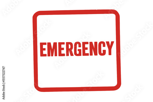 A red rubber stamp with the word emergency in a grunge style is set against a white background inside a square border