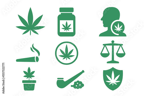 Vector illustration of isolated marijuana and cannabis icons, including a marijuana leaf, representing medical marijuana, drug consumption, and marijuana legalization