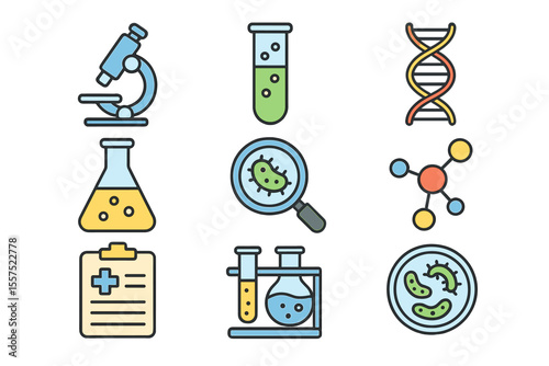 Medical lab icons, including science, dna, and molecules, are available in a research line icon set with editable strokes