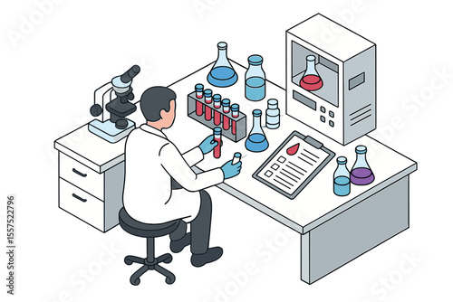 A laboratory setup featuring a scientist in an isolated environment, complete with isometric chemical or biological equipment, is utilized for medical or clinic pharmaceutical research, including