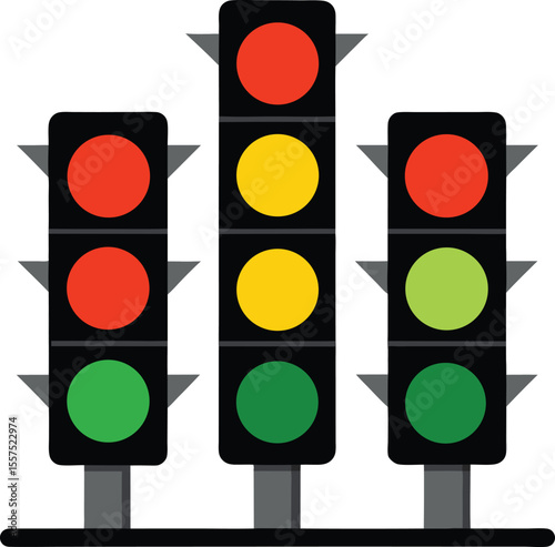 Three stylized traffic lights displaying red yellow and green signals against a clean white background with a simple black base