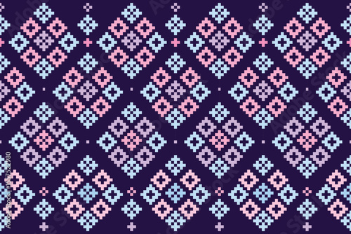 Multi-colored, geometric, seamless, horizontal, bushy flowers.