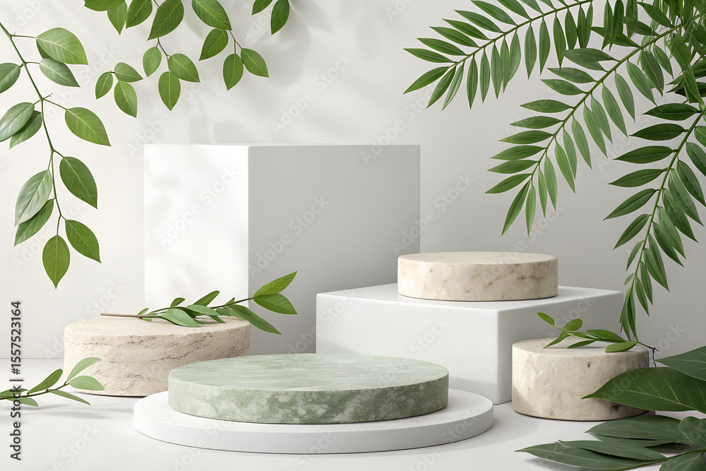 Geometric podiums with green leaves and plants arranged in a minimalist setting Geometric podiums with green leaves and plants arranged in a minimalist setting