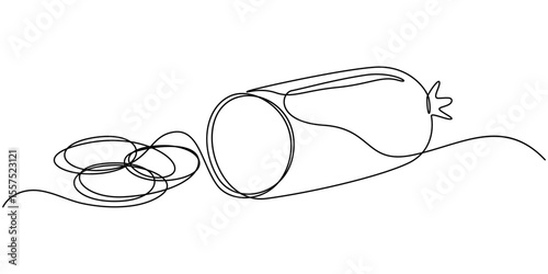 Boiled sausage continuous line drawing. One line art of meat products, sausage with fat, semi-finished product, Delicious salami one line continuous drawing. Semi-finished products Hand drawn one line