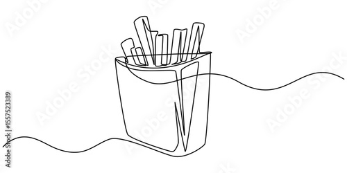 French Fries Continuous Line Art Illustration, Continuous one line drawing of French fries. Single line drawing illustration of Fat french fries fast food. Junk food concept vector art. Doodle line