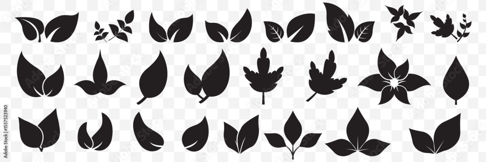 Fototapeta premium Set of Black leaf icons. Green color. Leaf green color icon logo. Leaves on white background. Ecology. Vector illustration on Transparent Background. EPS 10.