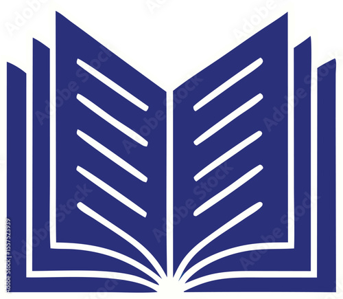 Stylized open blue book with white pages and binding representing knowledge and learning