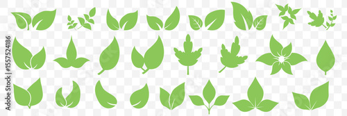 Set of green leaf icons. Green color. Leafs green color icon logo. Leaves on white background. Ecology. Vector illustration on Transparent Background. EPS 10.