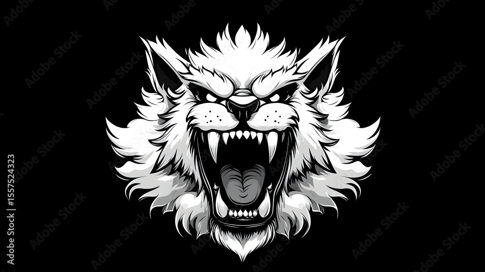 Obraz premium Ferocious white cat roaring, dark background, graphic design