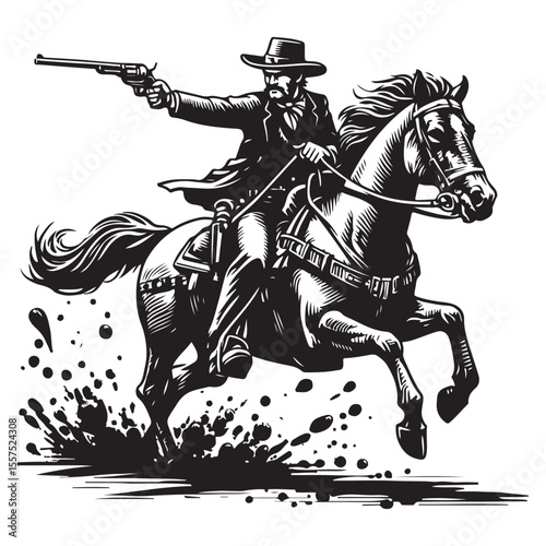 Wild west cowboy aiming his pistol on horseback action scene illustration