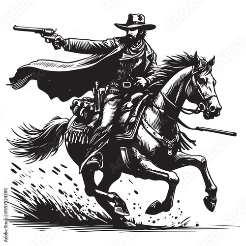 Wild west cowboy aiming his pistol on horseback action scene illustration