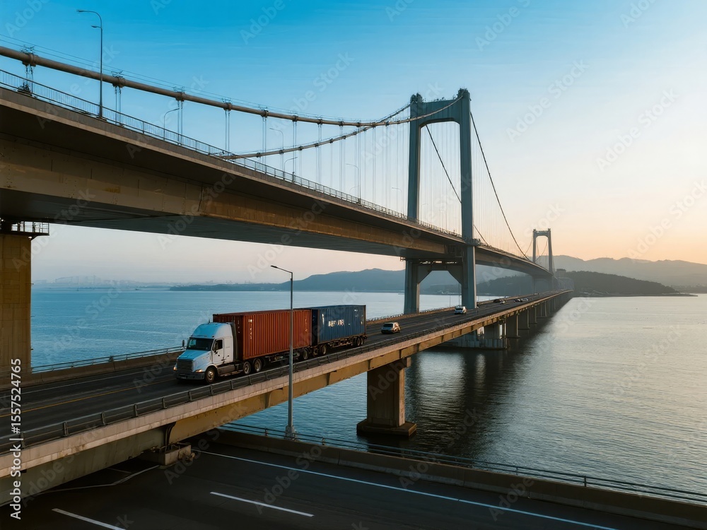 Obraz premium Truck Crossing a Suspension Bridge Over a Calm Sea at Dusk