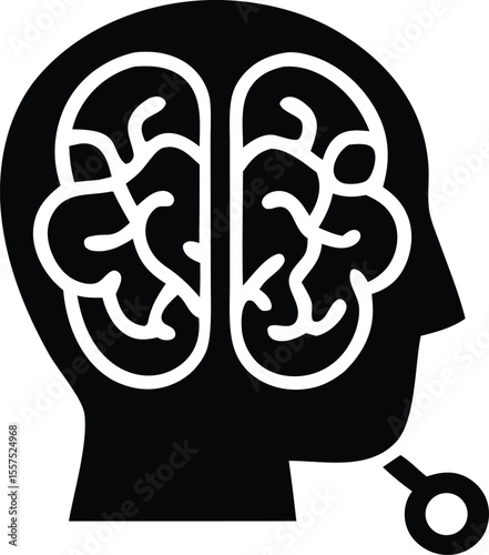 Silhouette of a human head with a stylized brain inside and a magnifying glass focused on the brain