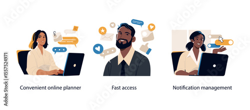 Three digital illustrations showing online planning, fast access to content, and managing notifications in a modern business setting.