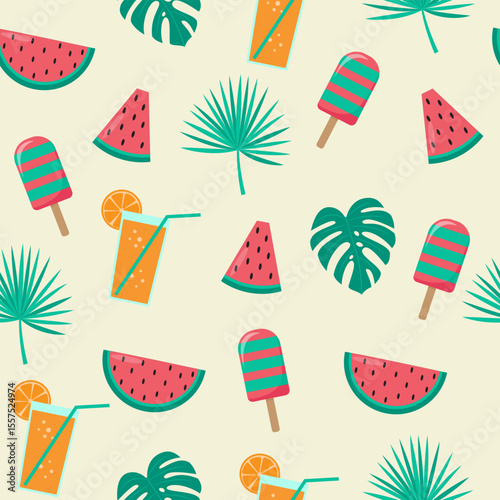 Vibrant seamless summer pattern. Features juicy watermelon, refreshing orange drinks, striped popsicles, and tropical leaves. Perfect for backgrounds, textiles, and vacation themes.