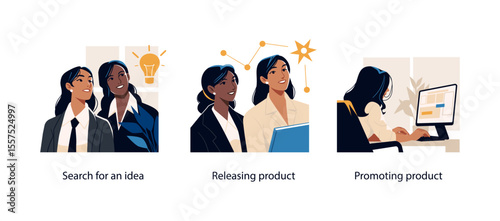 Set of three illustrations showing the business process from idea generation to product release and digital promotion in a modern office.