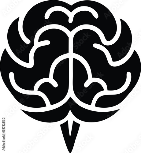 Stylized black and white graphic representation of a human brain with intricate swirling patterns and a pointed base