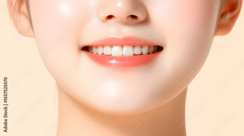 Woman's bright smile, close-up, studio, beige background, dental Woman's bright smile, close-up, studio, beige background, dental