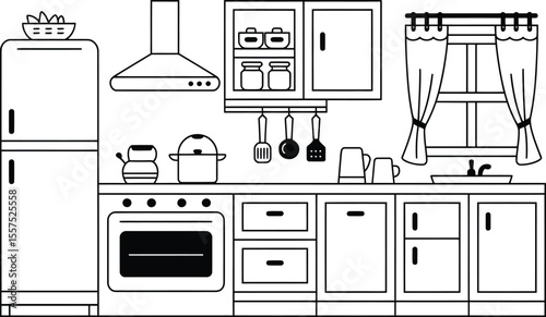 Vector Kitchen Interior: Appliances & Cabinets - Home Cooking Space Graphic.