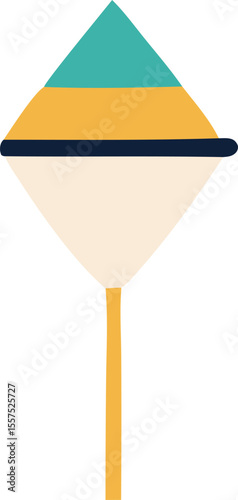 A minimalist illustration of a kite with a teal top section a yellow middle section and a cream bottom section all on a white background