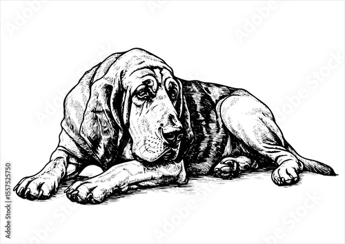 Bloodhound Dog pet portrait engraving intricate retro hand drawn style line art black and white vector illustration, isolated on white background