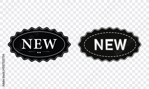 new label badge icon set with black oval shape star and dashed border for promotional product highlight