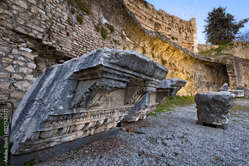 Vestiges with columns of the Roman theater of Brescia. Lombardy, Italy.