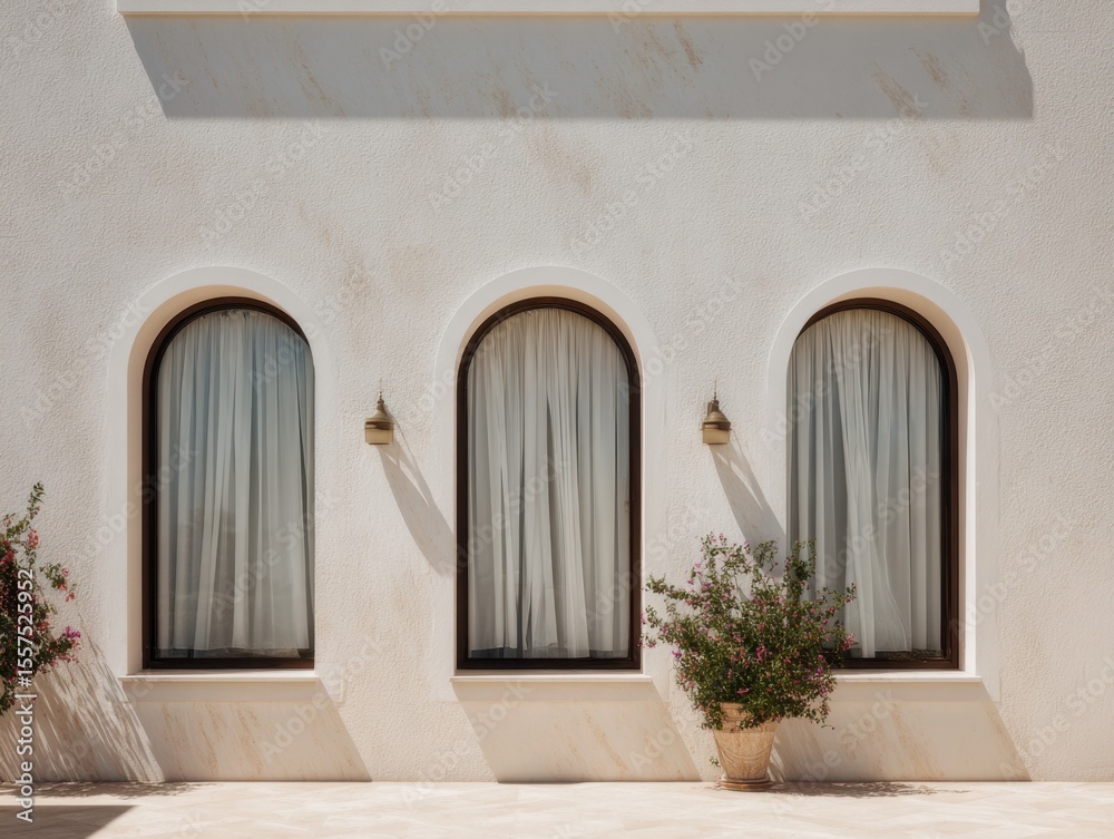 Fototapeta premium Three arched windows with white curtains. A potted plant is in front of the middle window