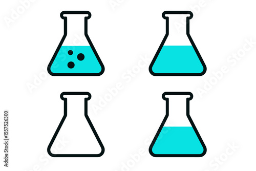 Vector illustration of a chemistry beaker icon set, including an Erlenmeyer flask, ideal for ui, template, app, logo, and website design