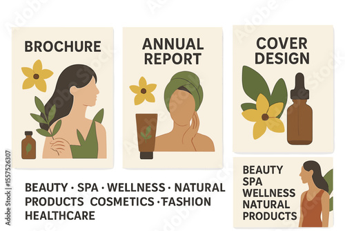 A collection of templates for brochures, annual reports, and cover designs tailored to the beauty, spa, wellness, natural products, cosmetics, fashion, and healthcare industries, along with vector