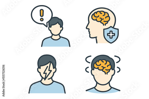 Icon set for mental health line featuring a person, patient, brain, and disease, representing a health concept applicable to topics such as disorder, medical help, and symptoms